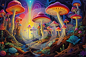 Colorful mushrooms in psychedelic forest. Neon dmt mushrooms concept