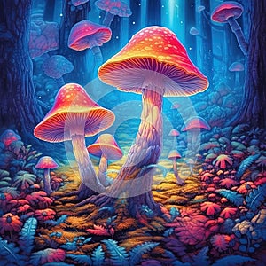 Colorful mushrooms in psychedelic forest. Neon dmt mushrooms concept. Generative AI