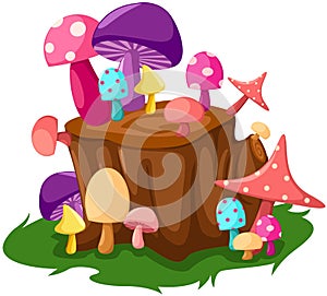 Colorful mushrooms with tree stump
