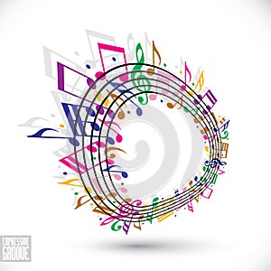 Colorful music background with clef and notes.