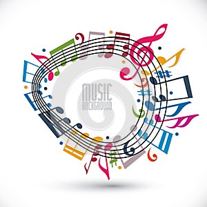 Colorful music background with clef and notes, music sheet in rounded frame.