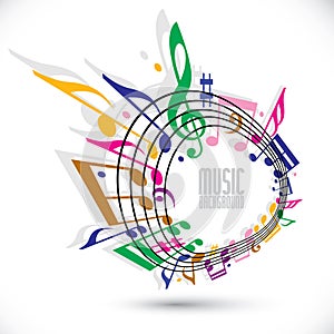 Colorful music background with clef and notes, music sheet in rounded frame.