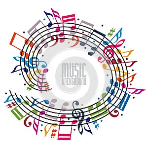 Colorful music background with clef and notes.