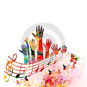 Colorful music background with human hands raised and music notes isolated vector illustration design. Artistic music festival pos