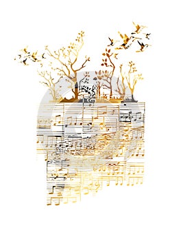 Colorful music background with music notes and hummingbirds. Vector illustration