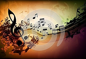 Colorful music background with music notes and vinyl record disc