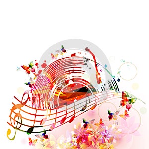 Colorful music background with music notes and vinyl record disc isolated vector illustration design. Artistic music festival post