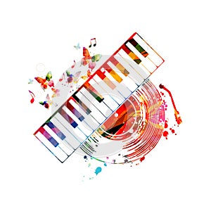 Colorful music background with piano keyboard and vinyl record disc isolated vector illustration design. Artistic music festival p