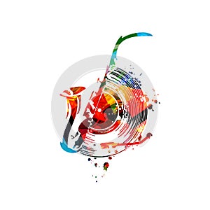 Colorful music background with saxophone and vinyl record disc isolated vector illustration design. Artistic music festival poster