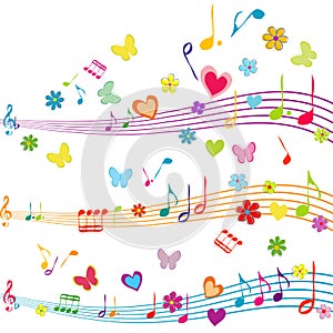 Colorful music design with stave, butterflies, hearts and flower