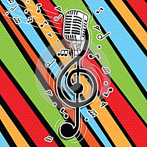 Colorful music key with singer microphone