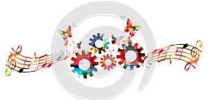 Colorful music notes background with gears