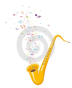 Colorful music notes background with saxophone