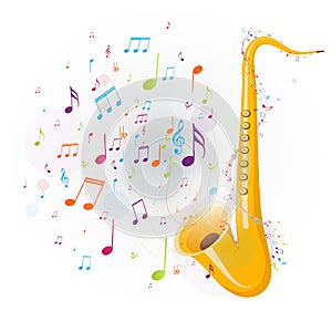 Colorful music notes background with saxophone