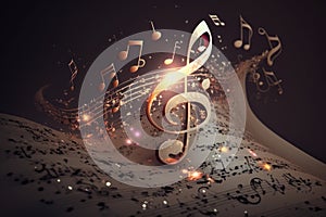 Colorful music notes background with sheet music, disc and treble clef. Illustration AI Generative