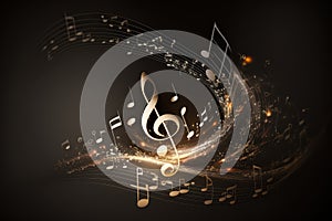 Colorful music notes background with sheet music, disc and treble clef. Illustration AI Generative