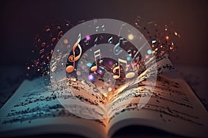 Colorful music notes background with sheet music, disc and treble clef. Illustration AI Generative