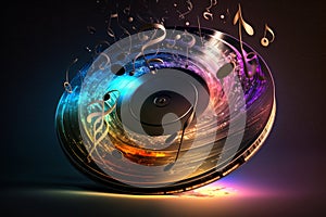 Colorful music notes background with sheet music, disc and treble clef. Illustration AI Generative