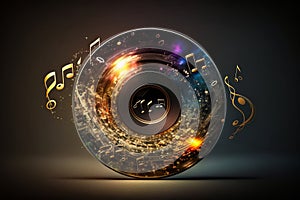 Colorful music notes background with sheet music, disc and treble clef. Illustration AI Generative