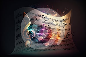 Colorful music notes background with sheet music, disc and treble clef. Illustration AI Generative