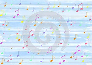 Colorful Music Notes in Blue Watercolor Pattern Background