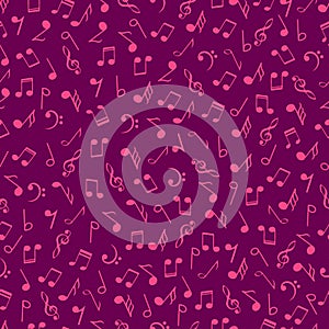 Colorful music notes seamless pattern, crimson color. Abstract vector texture musical symbols. Cartoon subject of music style