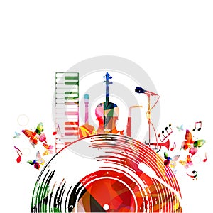 Colorful music poster with vinyl record and music instruments. Music background design vector illustration. Colorful piano keyboar