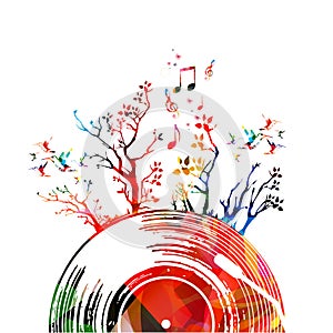 Colorful music poster with vinyl record and trees. Music elements for card, poster, invitation. Music background design vector ill