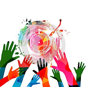 Colorful music promotional poster with hands and vinyl record disc isolated vector illustration. Artistic background for concerts,