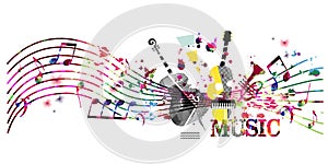 Colorful music promotional poster with music instruments and notes isolated vector illustration. Artistic abstract background for