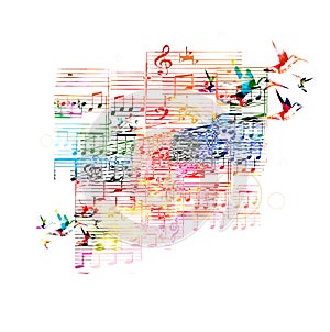 Colorful music promotional poster with music notes isolated vector illustration. Artistic abstract background with music staff for