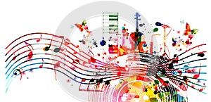 Colorful music promotional poster with musical instruments and notes isolated vector illustration. Artistic background for live co