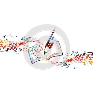 Colorful music writing notebook with musical stave and notes isolated. Vibrant musical staff notebook, guide for songwriters, mus