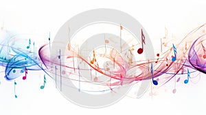 Colorful musical abstract background with flying neural network notes on white backdrop