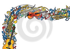 Colorful musical collage featuring various instruments