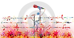 Colorful musical concept with microphones and musical notes attached to barbed wire vector illustration. Live concert events, mus