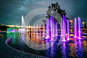 Colorful musical fountain in Warsaw