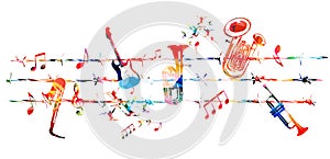 Colorful musical instruments with musical notes attached to barbed wire and isolated vector illustration. Poster for live concert