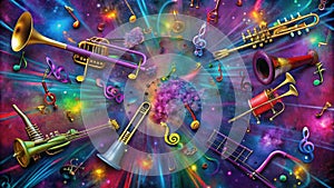 Colorful musical instruments and notes explode in a starburst pattern against a vibrant, nebula-like background photo