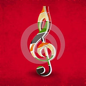 Colorful musical note on red background.