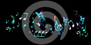 Colorful musical notes on black poster background vector illustration. Artistic musical notes design for live concert events, musi