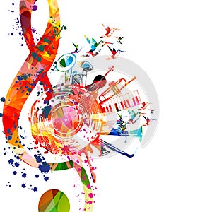 Colorful musical poster with G-clef, LP vinyl record disc and musical instruments vector illustration