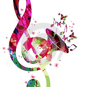 Colorful musical poster with G-clef, musical notes and phonograph horn vector illustration