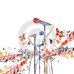 Colorful musical poster with microphones vector illustration. Live concert events, music festivals and shows background, karaoke