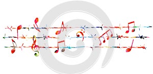 Colorful musical poster with musical notes attached to barbed wire. Notes isolated vector illustration. Background for live conce