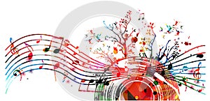 Colorful musical promotional poster with vinyl record disc and musical notes isolated vector illustration. Artistic background for