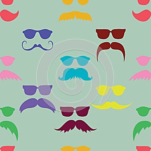 Colorful mustache with glasses vector seamless pattern background.