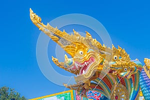 Colorful nagas sculpture at the public Wat Samarn temple, Chachoengsao, Thailand.