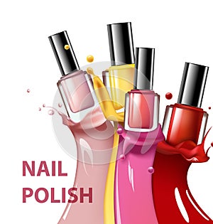 Colorful nail lacquer, nail polish splatter on white background, 3d illustration, vogue ads for design Cosmetics and