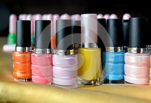 Colorful of nail polish bottles .